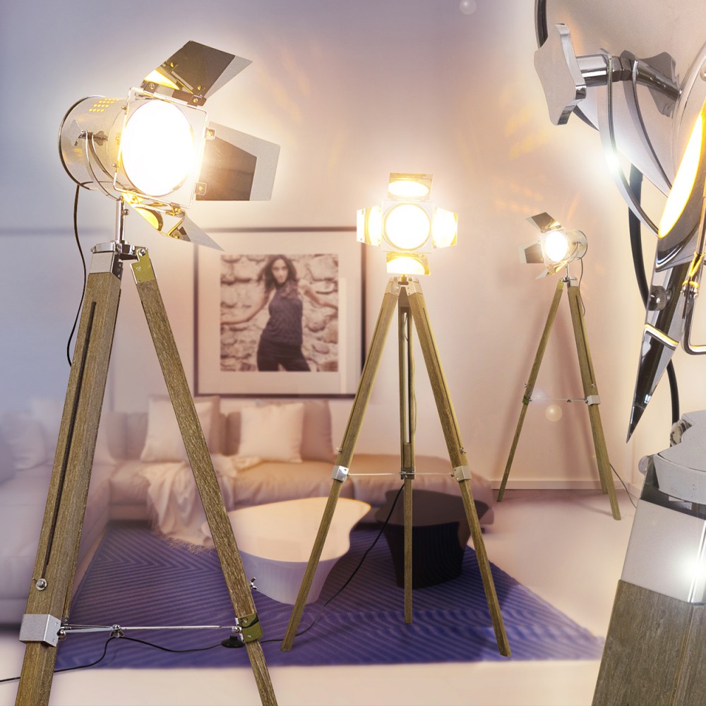 Stand Boden Lampen Stehlampe Lese Licht Leuchten Schlaf Wohn Zimmer Holz Chrom